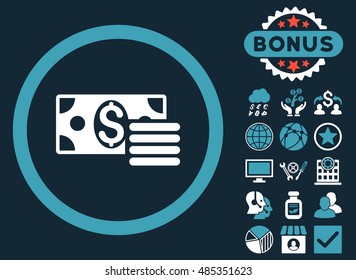 Dollar Cash icon with bonus elements. Vector illustration style is flat iconic bicolor symbols, blue and white colors, dark blue background.