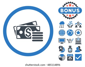 Dollar Cash icon with bonus pictogram. Vector illustration style is flat iconic bicolor symbols, smooth blue colors, white background.