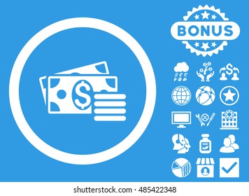 Dollar Cash icon with bonus symbols. Vector illustration style is flat iconic symbols, white color, blue background.