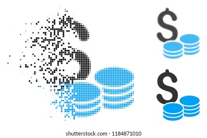 Dollar cash icon in dispersed, dotted halftone and original variants. Particles are composed into vector dispersed dollar cash pictogram. Disappearing effect involves square particles.