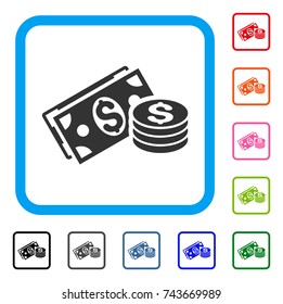 Dollar Cash icon. Flat gray iconic symbol inside a blue rounded frame. Black, gray, green, blue, red, orange color additional versions of Dollar Cash vector. Designed for web and software interfaces.