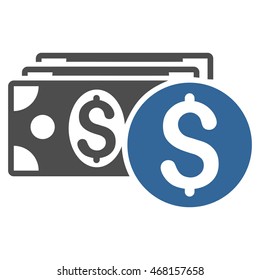 Dollar Cash icon. Vector style is bicolor flat iconic symbol with rounded angles, cobalt and gray colors, white background.