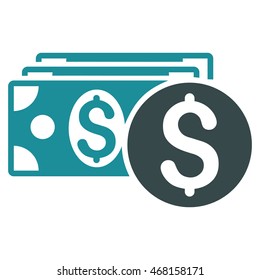 Dollar Cash icon. Vector style is bicolor flat iconic symbol with rounded angles, soft blue colors, white background.