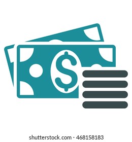 Dollar Cash icon. Vector style is bicolor flat iconic symbol with rounded angles, soft blue colors, white background.