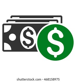 Dollar Cash icon. Vector style is bicolor flat iconic symbol with rounded angles, green and gray colors, white background.