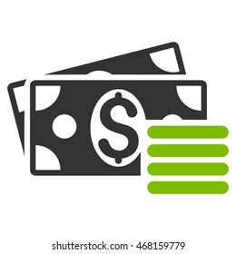 Dollar Cash icon. Vector style is bicolor flat iconic symbol with rounded angles, eco green and gray colors, white background.