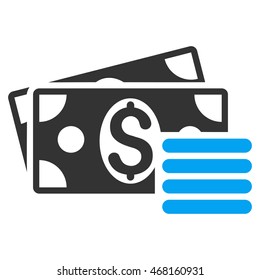 Dollar Cash icon. Vector style is bicolor flat iconic symbol with rounded angles, blue and gray colors, white background.