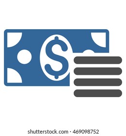 Dollar Cash icon. Vector style is bicolor flat iconic symbol with rounded angles, cobalt and gray colors, white background.