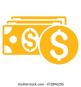 Dollar Cash icon. Vector style is flat iconic symbol with rounded angles, yellow color, white background.