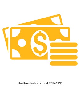 Dollar Cash icon. Vector style is flat iconic symbol with rounded angles, yellow color, white background.