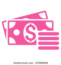 Dollar Cash icon. Vector style is flat iconic symbol with rounded angles, pink color, white background.