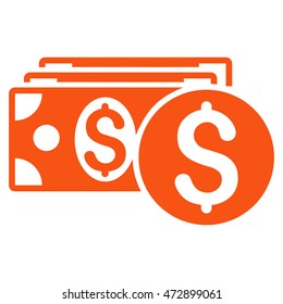Dollar Cash icon. Vector style is flat iconic symbol with rounded angles, orange color, white background.
