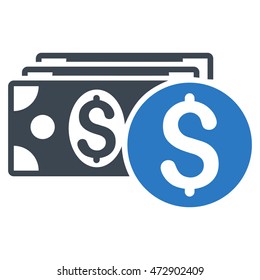Dollar Cash icon. Vector style is bicolor flat iconic symbol with rounded angles, smooth blue colors, white background.
