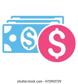 Dollar Cash icon. Vector style is bicolor flat iconic symbol with rounded angles, pink and blue colors, white background.