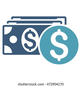 Dollar Cash icon. Vector style is bicolor flat iconic symbol with rounded angles, cyan and blue colors, white background.