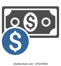 Dollar Cash icon. Vector style is bicolor flat iconic symbol with rounded angles, cobalt and gray colors, white background.