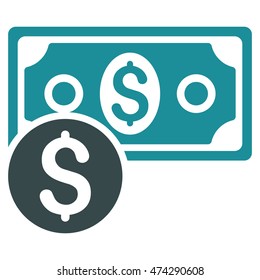Dollar Cash icon. Vector style is bicolor flat iconic symbol with rounded angles, soft blue colors, white background.