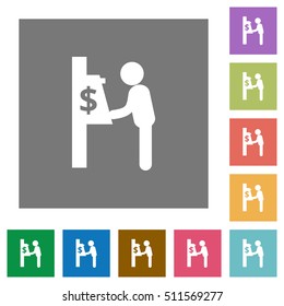 Dollar cash machine flat icons on simple color square background.