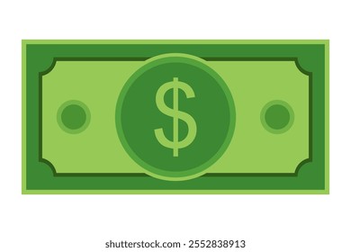 Dollar cash money bank note in green color. Dollar bill, green currency bank note, cash and money symbol. Flat vector illustration isolated on white background.