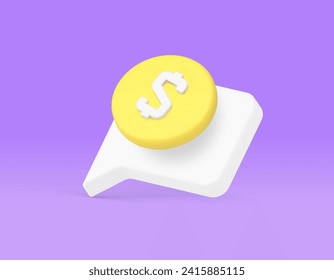 Dollar Bargeld tippt schnell Währungssymbol mit Sprache Blase 3d Symbol realistische Vektorgrafik. Golden Coin USA Finance Banking Business Consulting hilft bei der Bezahlung und beim Kauf