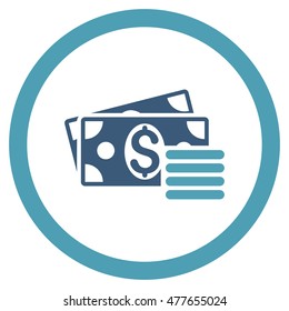 Dollar Cash rounded icon. Vector illustration style is flat iconic bicolor symbol, cyan and blue colors, white background.