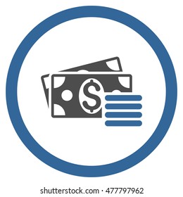 Dollar Cash rounded icon. Vector illustration style is flat iconic bicolor symbol, cobalt and gray colors, white background.