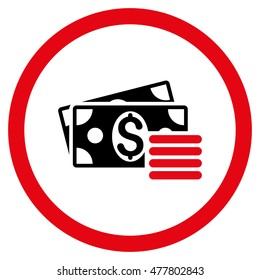 Dollar Cash rounded icon. Vector illustration style is flat iconic bicolor symbol, intensive red and black colors, white background.
