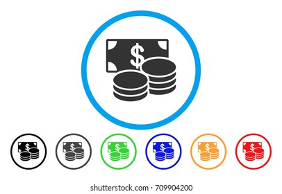 Dollar Cash rounded icon. Vector illustration style is a grey flat iconic dollar cash symbol inside a circle. Additional color versions are black, grey, green, blue, red, orange.