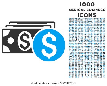 Dollar Cash vector bicolor icon with 1000 medical business icons. Set style is flat pictograms, blue and gray colors, white background.