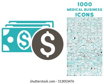 Dollar Cash vector bicolor icon with 1000 medical business icons. Set style is flat pictograms, grey and cyan colors, white background.