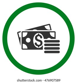 Dollar Cash vector bicolor rounded icon. Image style is a flat icon symbol inside a circle, green and gray colors, white background.