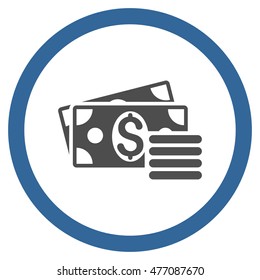 Dollar Cash vector bicolor rounded icon. Image style is a flat icon symbol inside a circle, cobalt and gray colors, white background.