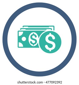 Dollar Cash vector bicolor rounded icon. Image style is a flat icon symbol inside a circle, cobalt and cyan colors, white background.