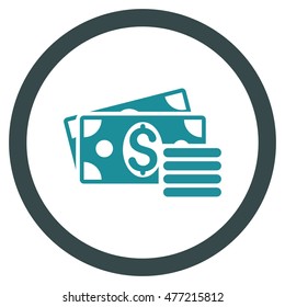 Dollar Cash vector bicolor rounded icon. Image style is a flat icon symbol inside a circle, soft blue colors, white background.
