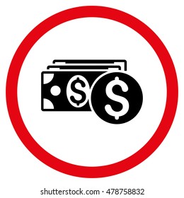 Dollar Cash vector bicolor rounded icon. Image style is a flat icon symbol inside a circle, intensive red and black colors, white background.