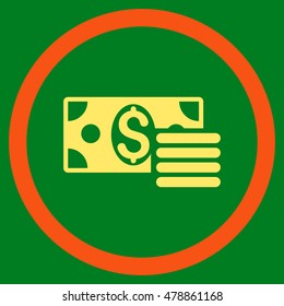 Dollar Cash vector bicolor rounded icon. Image style is a flat icon symbol inside a circle, orange and yellow colors, green background.