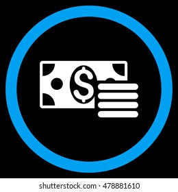 Dollar Cash vector bicolor rounded icon. Image style is a flat icon symbol inside a circle, blue and white colors, black background.