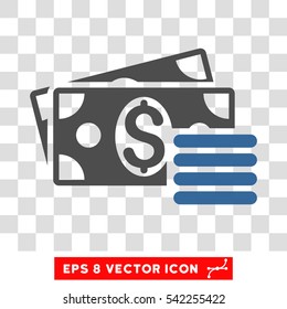 Dollar Cash vector icon. Image style is a flat cobalt and gray pictogram symbol.