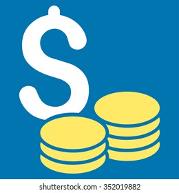 Dollar Cash vector icon. Style is bicolor flat symbol, yellow and white colors, rounded angles, blue background.