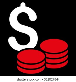 Dollar Cash vector icon. Style is bicolor flat symbol, red and white colors, rounded angles, black background.