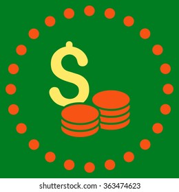 Dollar Cash vector icon. Style is bicolor flat circled symbol, orange and yellow colors, rounded angles, green background.