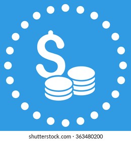 Dollar Cash vector icon. Style is flat circled symbol, white color, rounded angles, blue background.