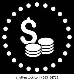 Dollar Cash vector icon. Style is flat circled symbol, white color, rounded angles, black background.