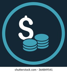 Dollar Cash vector icon. Style is bicolor flat circled symbol, blue and white colors, rounded angles, dark blue background.