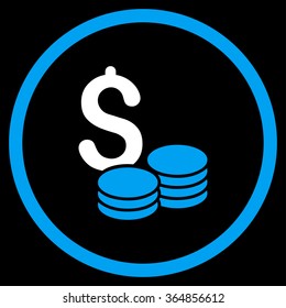 Dollar Cash vector icon. Style is bicolor flat circled symbol, blue and white colors, rounded angles, black background.