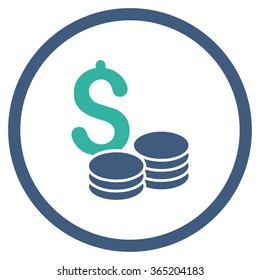 Dollar Cash vector icon. Style is bicolor flat circled symbol, cobalt and cyan colors, rounded angles, white background.