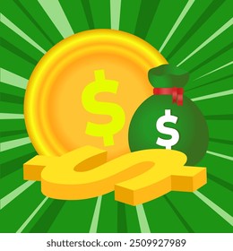 Dollar cash wealth vector illustration in festive green color background. Suitable for financial business content