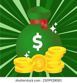 Dollar cash wealth vector illustration in festive green color background. Suitable for financial business content