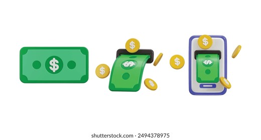 Dollar cash withdraw icon with golden coin icon 3d rendering vector illustration set