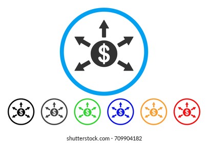 Dollar Cashout Arrows rounded icon. Vector illustration style is a gray flat iconic dollar cashout arrows symbol inside a circle. Additional color versions are black, gray, green, blue, red, orange.